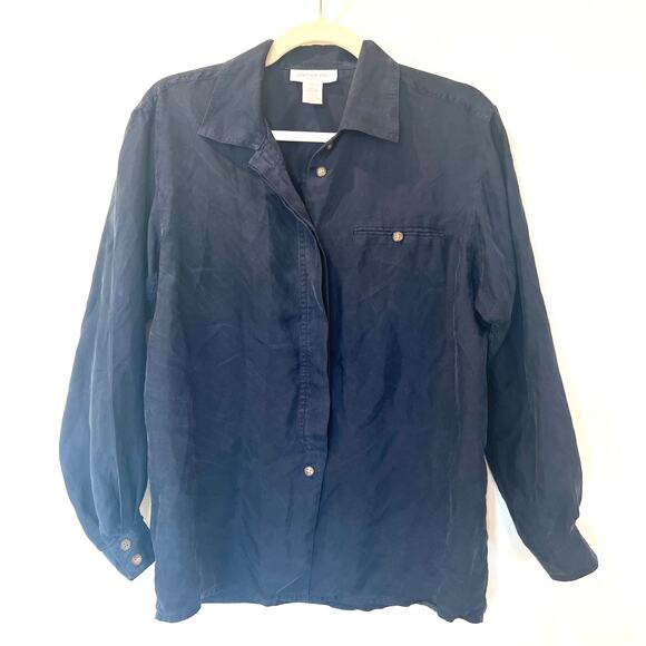 Vtg Jones New York Long Sleeve Button Down 100% Silk Blouse Navy Blue 6 Petite - Picture 1 of 10